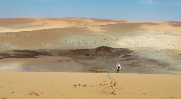沙特阿拉伯北部内夫得沙漠的考古考察进行中，沙丘中间的数个古代湖泊滋养了生活在这里的古人类和动物群。图片来自Eleanor+Scerri.jpg