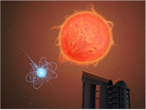 图1  该中子星双星系统的艺术图，蓝色为中子星，红色的是其伴星红矮星（绘制：喻京川）.jpg