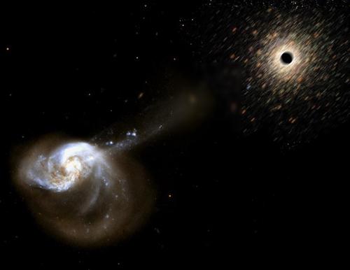 反冲黑洞逃出合并星系中的假想图,黑洞周围束缚着一个从寄主星系中心